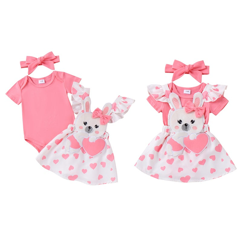 Pudcoco Infant Baby Girl Easter Outfits Short Sleeve Romper Ruffle Bodysuit Bunny Suspender Skirt Headband 0-18M