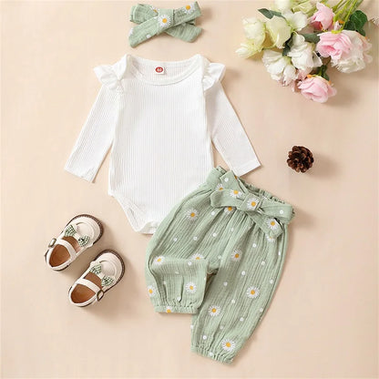 Toddler Baby Girls 3PCS Pants Sets White Long Sleeve Ruffle Romper Daisy Print Belted Pants Headband Children's Clothing Sets
