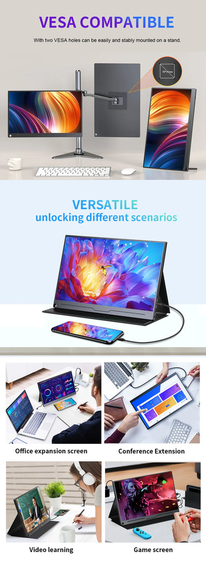 13.3 inch 1080P 2.5K Portable Monitor External Display for Gaming Laptop PS3/PS4 Switch Mini PC Tablet