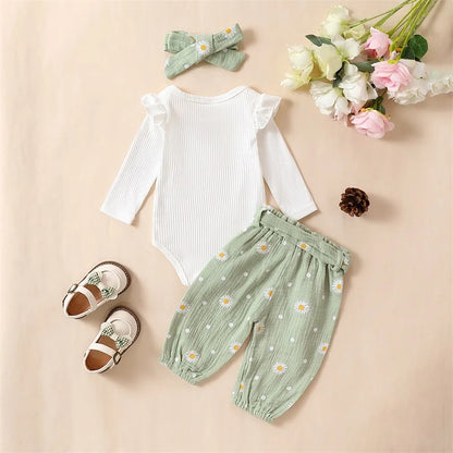 Toddler Baby Girls 3PCS Pants Sets White Long Sleeve Ruffle Romper Daisy Print Belted Pants Headband Children's Clothing Sets