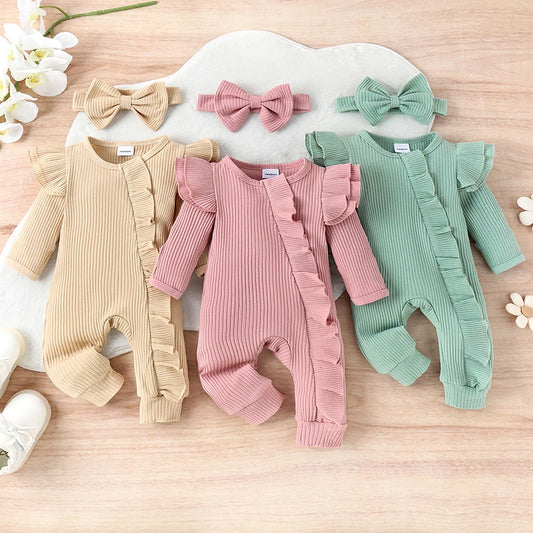 Pudcoco Newborn Infant Baby Girl Clothes Ruffle Long Sleeve Romper Solid Knit Ribbed Bodysuit Jumpsuit Coming Home Outfit 0-6M
