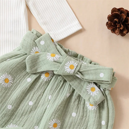 Toddler Baby Girls 3PCS Pants Sets White Long Sleeve Ruffle Romper Daisy Print Belted Pants Headband Children's Clothing Sets