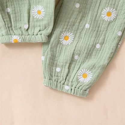 Toddler Baby Girls 3PCS Pants Sets White Long Sleeve Ruffle Romper Daisy Print Belted Pants Headband Children's Clothing Sets