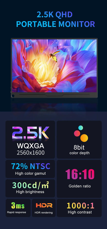 13.3 inch 1080P 2.5K Portable Monitor External Display for Gaming Laptop PS3/PS4 Switch Mini PC Tablet