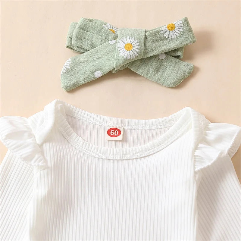 Toddler Baby Girls 3PCS Pants Sets White Long Sleeve Ruffle Romper Daisy Print Belted Pants Headband Children's Clothing Sets